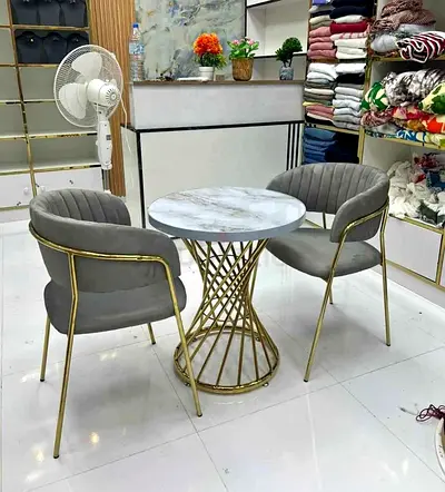 Marble-top Bistro Table with Two Grey Velvet Gold-Frame Chairs