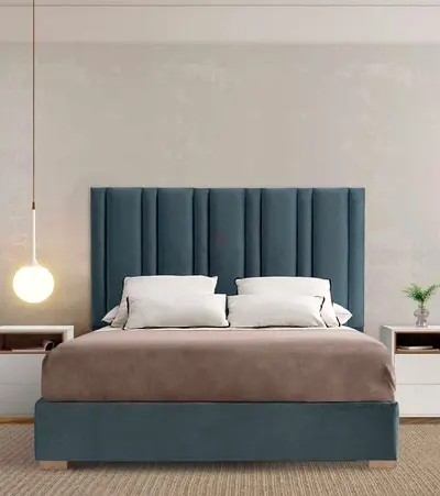 Modern Teal Fabric Upholstered Bed with Vertical Paneled Headboard