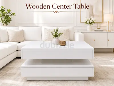 Modern Rotatable Wooden Coffee Table – White Square Center Table for UAE Homes