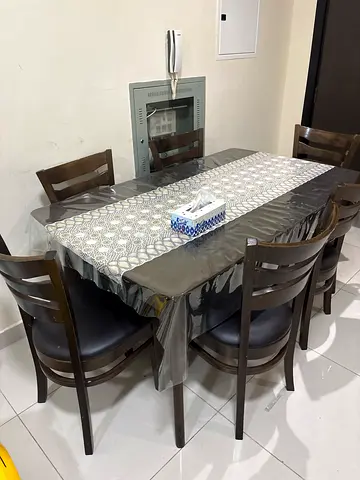 6-seater dining table with chairs - dark wood, good condition