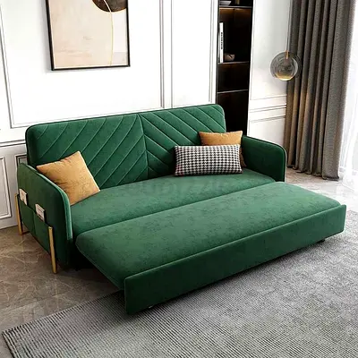 Convertible green velvet sofa bed - modern 2-seater with pull-out bed