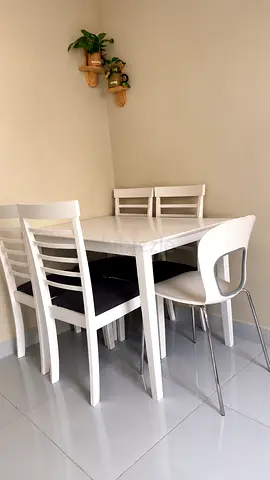 White Wooden Dining Table with 4 Chairs and 1 Bar Stool - Compact Set