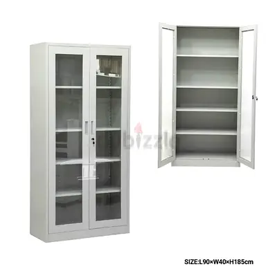 White Metal Storage Cabinet with Glass Doors - 5 Shelves, 90x40x185 cm