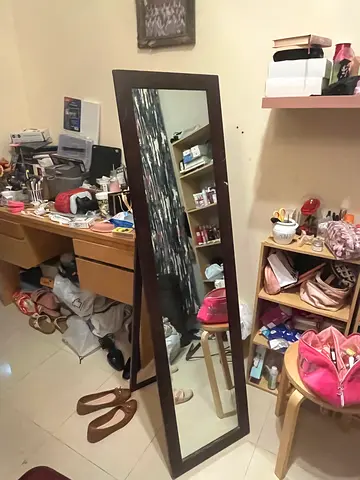 Full-length wooden framed standing mirror — dark brown, good condition