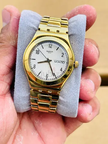Gold-tone Swatch Quartz Wristwatch with Day-Date (Mens)