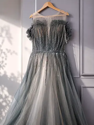 Elegant gray tulle evening gown with sequined bodice (size small )