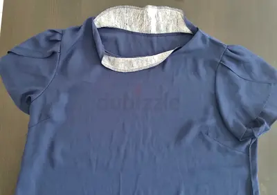 Navy Blue Short Sleeve Womens Top with Contrast Collar - Good Condition