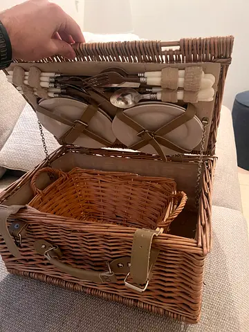 Wicker Picnic Basket Set with Cutlery and Plates - Good Condition