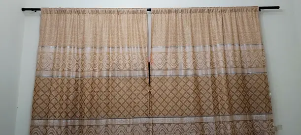 Beige patterned full-length 4 big curtains(300 height, 142 width) with 2 big rods(320 cm length) .