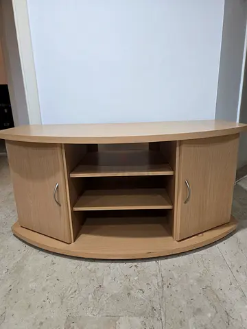 Wooden heavy TV unit with storage shelves and cabinets