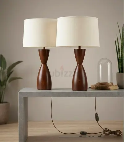 Pair of Wooden Table Lamps with Cream Shades - Modern Midcentury Style
