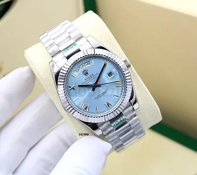 Rolex Day-Date style mens watch with light blue dial - stainless steel