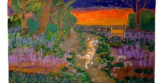 Handmade Colored Pencil Landscape with Dancing Cat — Original Art