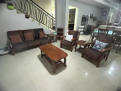 Solid wood living room set: 3-seater sofa, 2 armchairs and coffee table