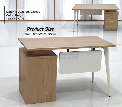 Beige Modern Office Computer Desk with Storage Cabinet (L120 x W60 x H75cm)