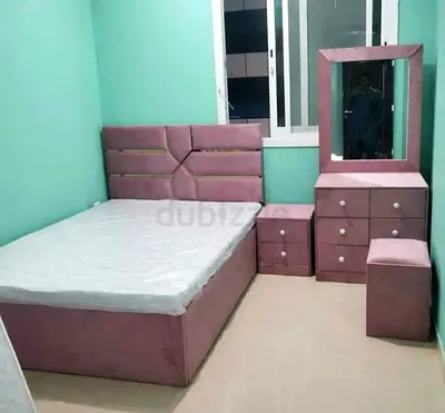 Used upholstered double bed with matching dresser, nightstand and stool - dusty pink