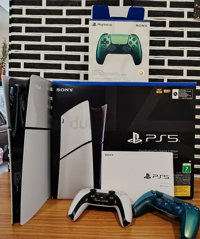 PlayStation 5 Slim with DualSense controllers — White console + extra controller
