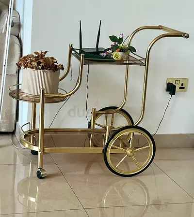 Gold Metal Tea/Bar Serving Trolley with Wheels - Excellent Condition