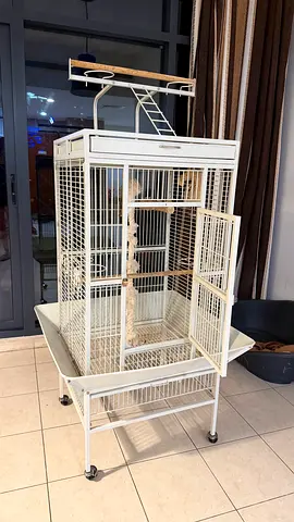 Large white metal bird cage with playtop and stand - good condition