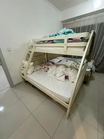 White wooden bunk bed (double bottom, single top) - with new mattress excellent condition