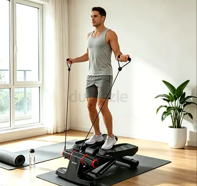 Fitness stepper, mini stepper, with display screen and resistance band (black)