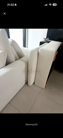 White fabric 3-seater sofa - damaged  condition, cushions included FREE