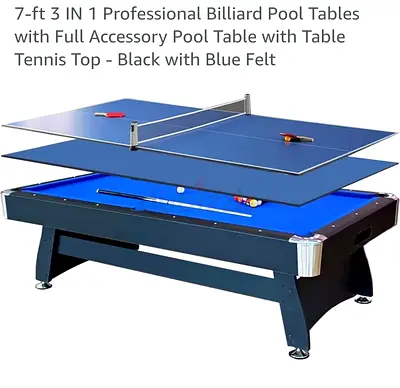 7-ft 3-in 3-in-1 Pool Table with Blue Felt and Table Tennis Top