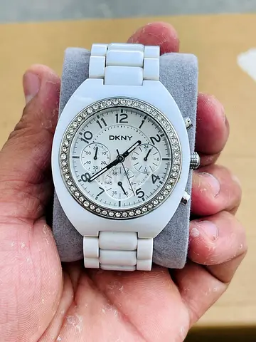 White DKNY womens watch with crystal bezel, ceramic look