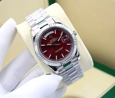 Rolex Day-Date style Stainless Steel Watch with Burgundy Dial - Unworn Look