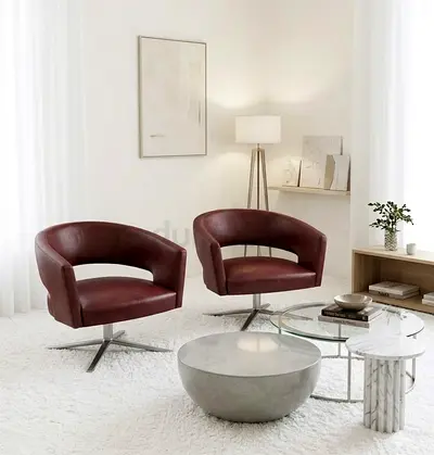 Italian 🇮🇹 Pair of Modern Burgundy Leather Swivel Accent Chairs