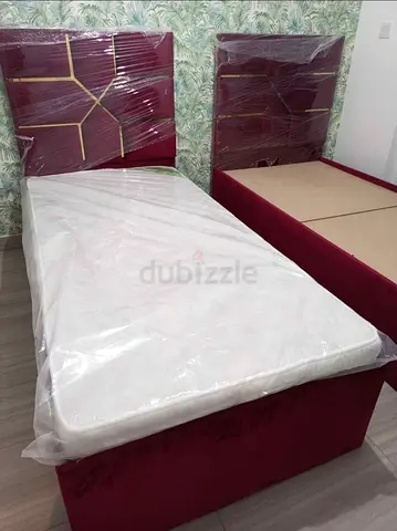 Pair of Single Velvet Bed Frames with Headboards and Mattress