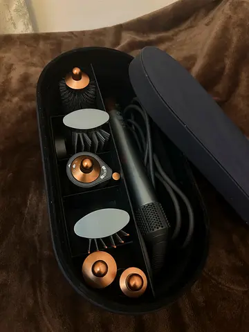 Dyson-style multi‑attachment hot air hair styler with case (used)