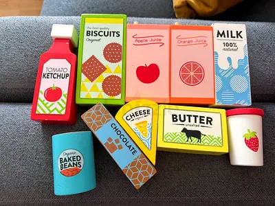 Wooden Play Food Set — Assorted Groceries juice, milk, butter, cheese, biscuits, ketchup, chocolate