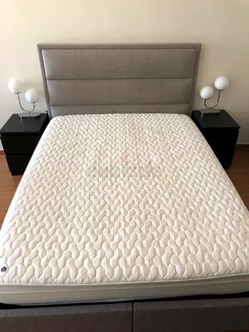Modern Grey Fabric Bed Set with Mattress and Side Tables Queen Size Bed 160cm
