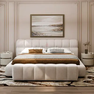 Linen fabric king thick bed frame with foot bench