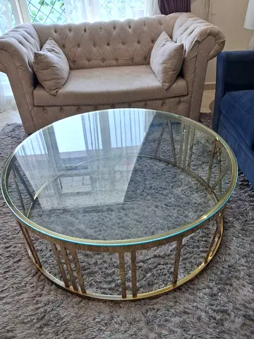 Round Glass Coffee Table with Gold Metal Frame
