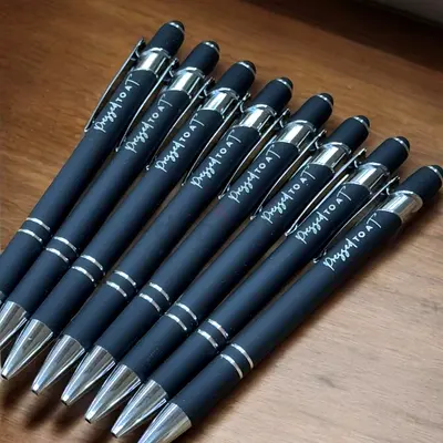 Lot of 8 Black Metal Ballpoint Pens with Stylus Tip - Good Condition