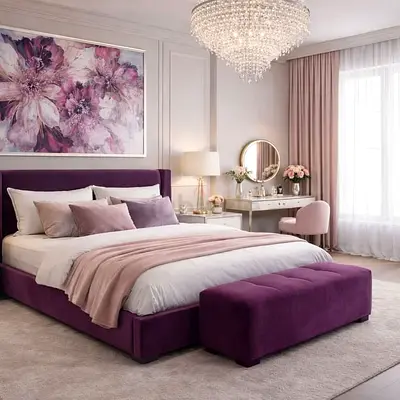 Purple Velvet Upholstered Bed with Matching Ottoman