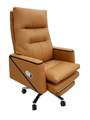 Comfortable Tan Leather Reclining Office Chair with Footrest