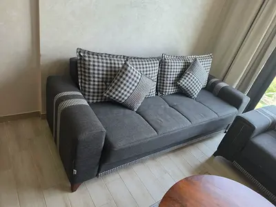 Grey 3-seater Sofa with Checked Cushions - Good Condition