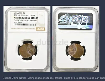 NGC Graded 1C Lincoln Cent 55% Off-Center Mint Error - Environmental Damage