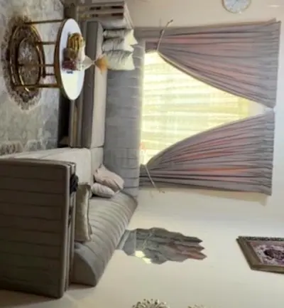 Light grey upholstered 3-seater sofa set with matching curtains and 2 pieces table