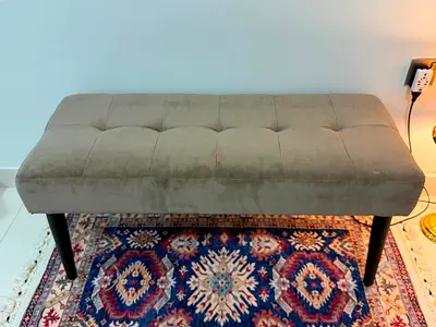 Beige Tufted Upholstered Bench/Ottoman with Wooden Legs