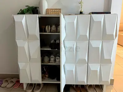 White 3-D Panel Shoe Cabinet - Good Condition