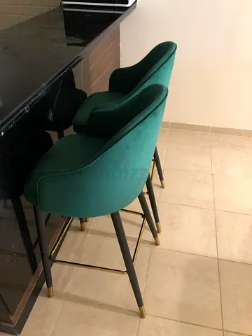 Modern Emerald Green Velvet Bar Stools with Gold Details
