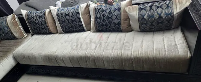 Moroccan U shape Upholstered Sofa with Carved Wooden Frame - Very Good Condition
