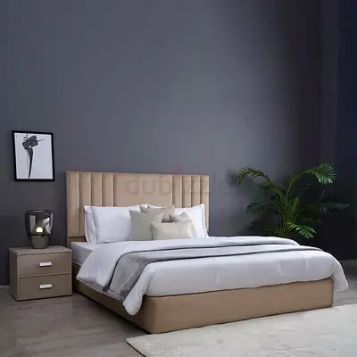 Beige Upholstered King Bed with Padded Headboard