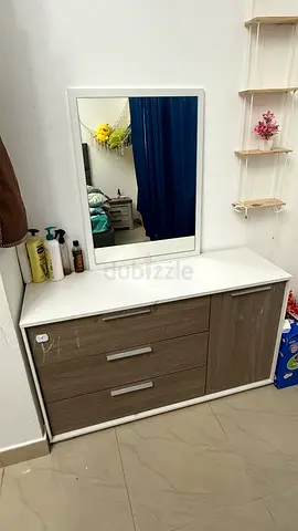 Low dresser with mirror - 3 drawers, white top  wood finish in new condition
