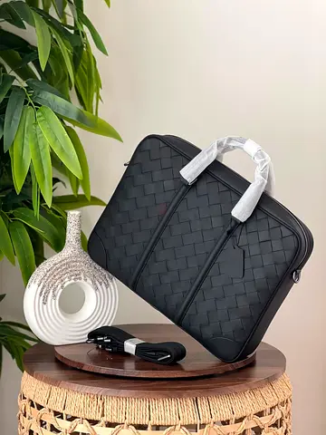 Bottega veneta Black Woven Leather Laptop Briefcase with Detachable Strap