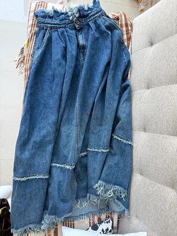 DIESEL High-waist frayed hem wide-leg denim skirt